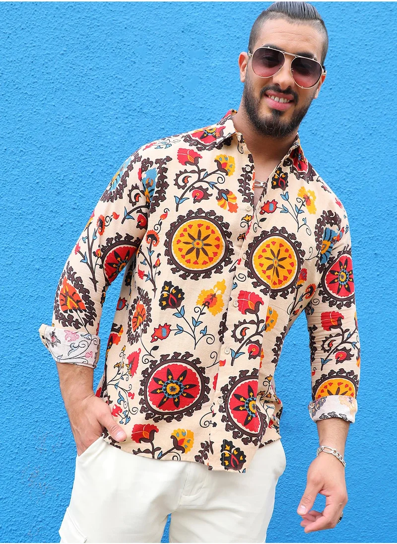 Instafab Plus Instafab Plus Men's Multicolour Ethnic Floral Shirt For Casual Wear | Spread Collar | Long Sleeve | Button Closure | Cotton Shirt Crafted With Comfort Fit For Everyday Wear