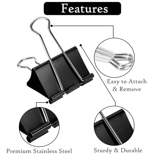 Eduway 32 mm Black Binder Clip - (Pack of 12) | Heavy-Duty Binder Clamp for Files, Notes, Drawing Board/Paper| Paper Holding Metal Clip for Home & Office | Durable Binding Clip for Kids & Adults - Image 3