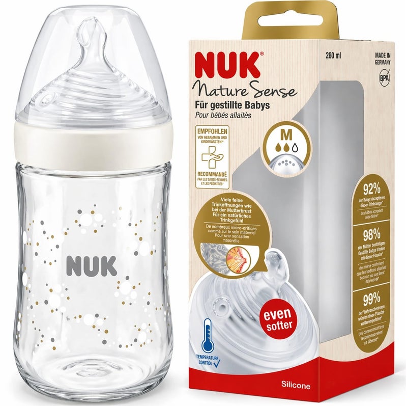 نوك رضّاعة أطفال NUK Nature Sense – 260 مل | رأس سيليكون ناعم يحاكي الرضاعة الطبيعية | مضاد للمغص + مؤشر حرارة | صنع في ألمانيا - Image 1