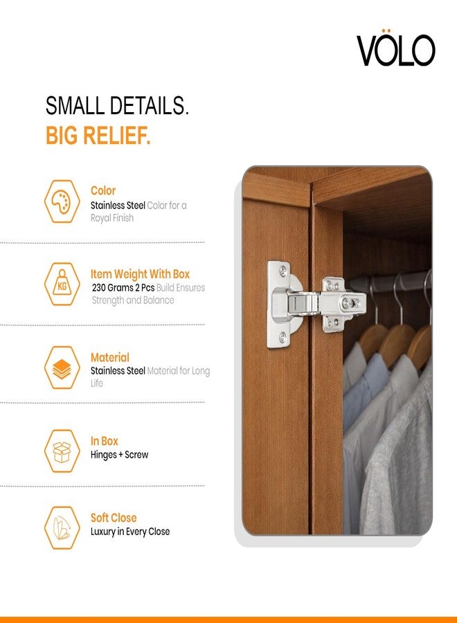 VOLO Soft Close Cabinet Hinges - Stainless Steel Concealed Clip On Hinges, Full Overlay Crank 0 Hydraulic Door Hinges for Kitchen Wardrobe Silver | 1 Pair (2 Pieces) - Image 5
