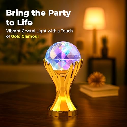 HindCraft Colorful LED Crystal Globe Table Lamp with Golden Handstand + 360° Rotating Disco LED Bulb – Multi-Color Light for Home, Party, Bedroom, Office – Mothers Day Gift & Décor - Image 4