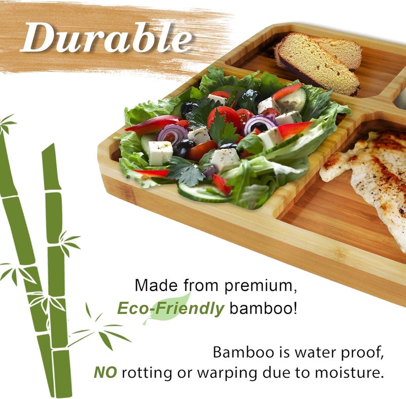 BambooMN Portion Control Plates  9 x 9 Bamboo Ecoware Reusable Dinnerware Divided Square Plates for Healthy Eating 4 Pcs - Image 5