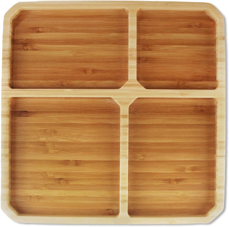 BambooMN Portion Control Plates  9 x 9 Bamboo Ecoware Reusable Dinnerware Divided Square Plates for Healthy Eating 4 Pcs - Image 1