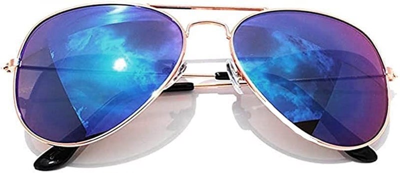 OWL Aviator Sunglasses Full Mirror Lens Gold Color Frame Blue Lens - Image 2
