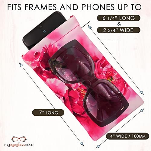MyEyeglassCase Women Soft Sunglasses Case - Large Glasses Holder in Floral Microfiber Print - Squeeze Top Eyeglass Pouch with Cloth - Passport Holder, Smart Phone Case (CT8 Peonies) - Image 4