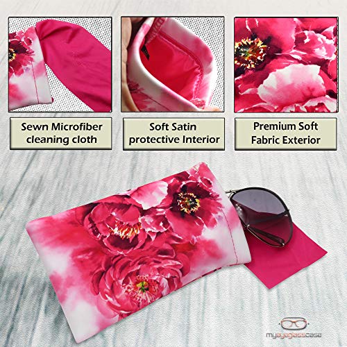 MyEyeglassCase Women Soft Sunglasses Case - Large Glasses Holder in Floral Microfiber Print - Squeeze Top Eyeglass Pouch with Cloth - Passport Holder, Smart Phone Case (CT8 Peonies) - Image 3