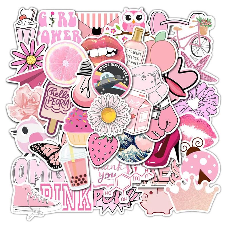 Girls Pink Aesthetic Stickers  Waterproof Cute Stickers 50 PCS for Water Bottle Laptop Phone  Teens  Kids
