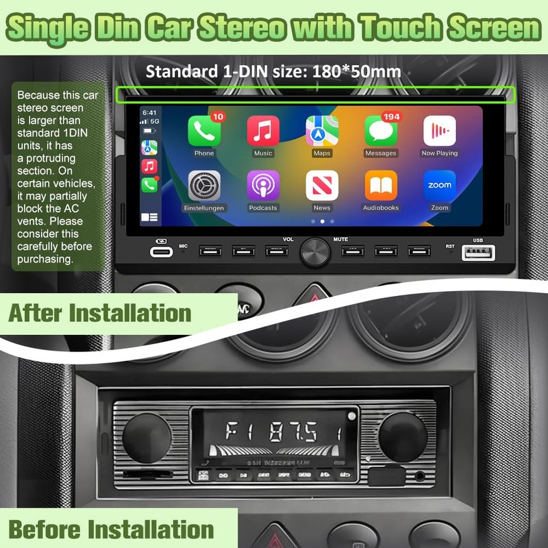 Pyniro Universal Single Din Car Stereo with Wireless CarPlay & Android Auto, 6.86" IPS Touch Screen Head Unit with Backup Camera/External Microphone, Car Radio Supports Bluetooth/SWC/FM/USB - Image 2