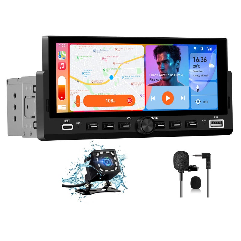 Pyniro Universal Single Din Car Stereo with Wireless CarPlay & Android Auto, 6.86" IPS Touch Screen Head Unit with Backup Camera/External Microphone, Car Radio Supports Bluetooth/SWC/FM/USB - Image 1