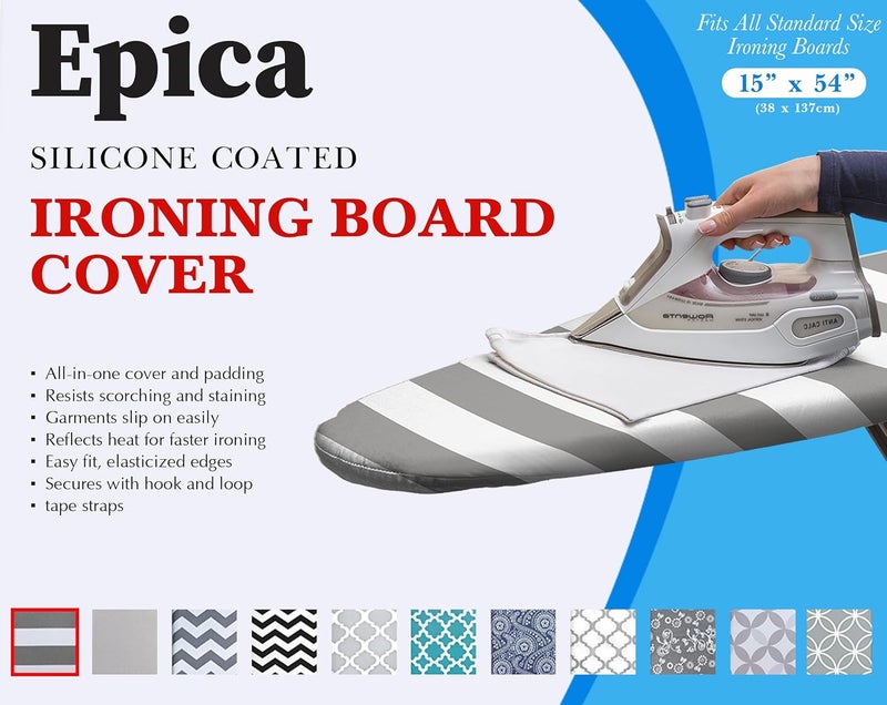 Epica Ironing Board Cover and Pad - Standard Size 15x54 Padded Ironing Board Covers, Heat Reflective Coating, Thick Pads, Scorch & Stain Resistant Iron Board Cover with Padding Grey & White Stripe - Image 1