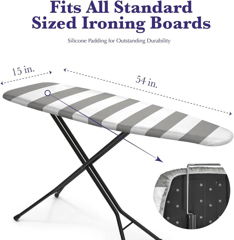 Epica Ironing Board Cover and Pad - Standard Size 15x54 Padded Ironing Board Covers, Heat Reflective Coating, Thick Pads, Scorch & Stain Resistant Iron Board Cover with Padding Grey & White Stripe - Image 3