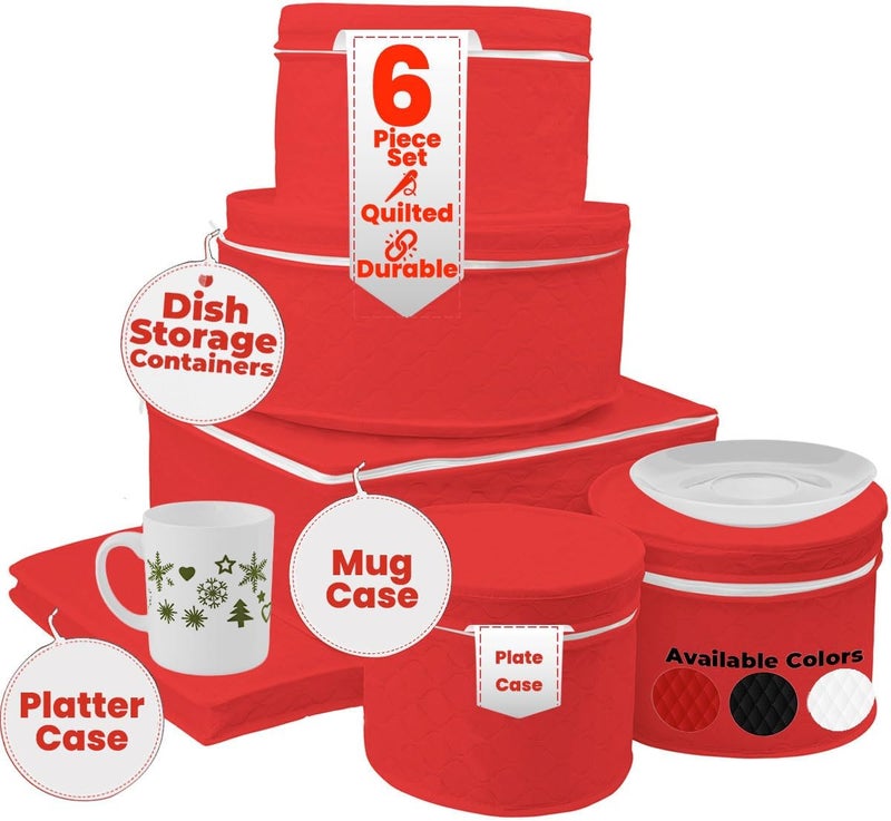 LAMINET 6 Piece Quilted Dinnerware Storage Starter Set - Includes 4 Plate Cases, 1 Cup Case & Platter Case - RED - Image 1