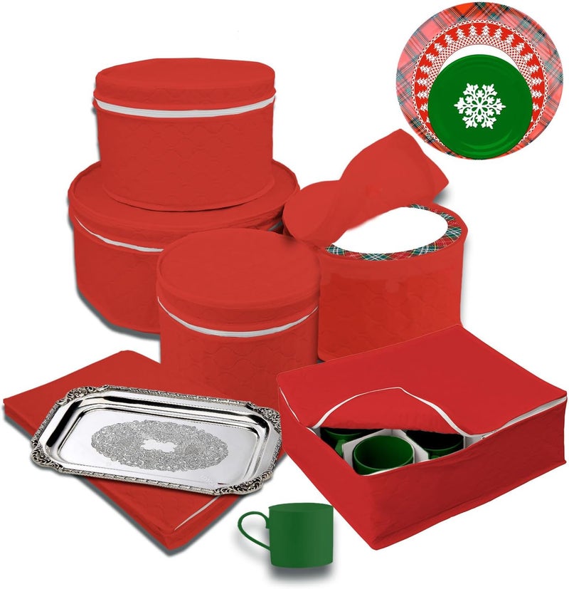 LAMINET 6 Piece Quilted Dinnerware Storage Starter Set - Includes 4 Plate Cases, 1 Cup Case & Platter Case - RED - Image 2