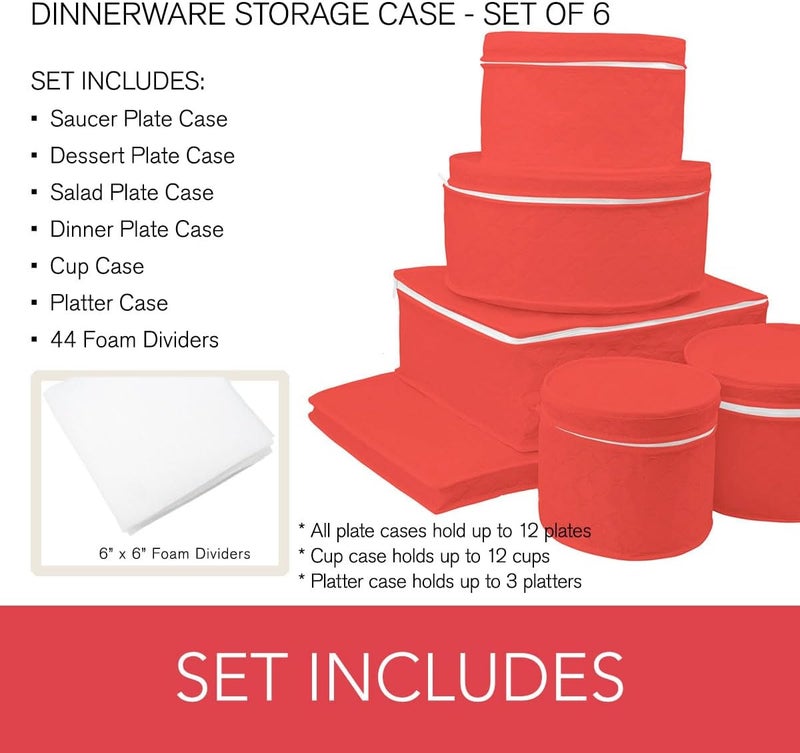 LAMINET 6 Piece Quilted Dinnerware Storage Starter Set - Includes 4 Plate Cases, 1 Cup Case & Platter Case - RED - Image 3