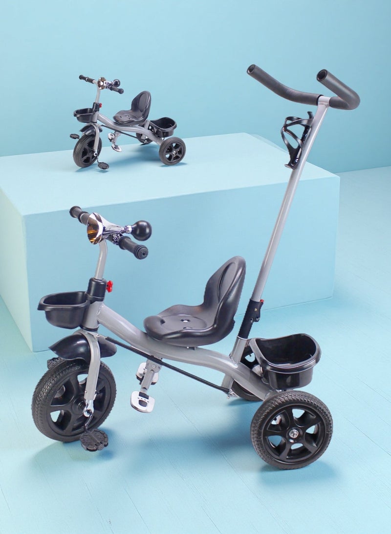 Kids Tricycle with Parental Push Handle & Storage Basket Baby Ride-On Bicycle Toy Color Options: Grey, Red, Pink - Image 1