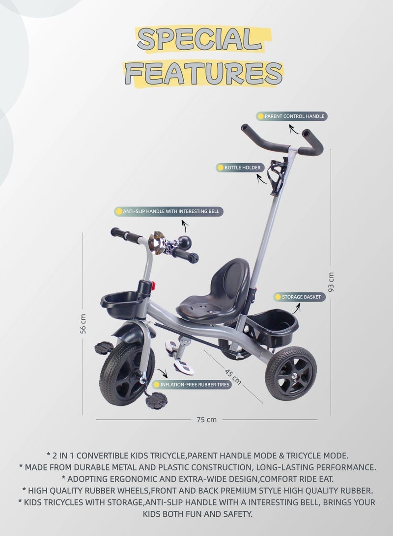 Kids Tricycle with Parental Push Handle & Storage Basket Baby Ride-On Bicycle Toy Color Options: Grey, Red, Pink - Image 3