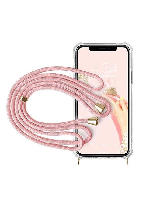 Apple iPhone 11 Pro Max Fancy Transparent Edge Case Cover With Textile Hanging Rope Pink