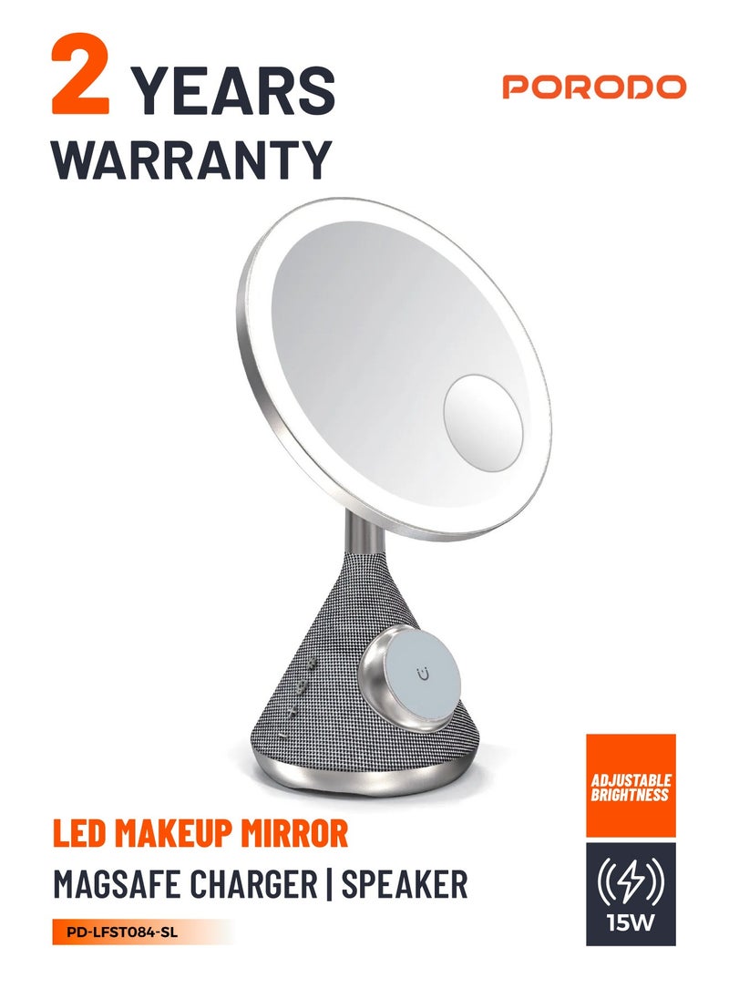 porodo - LED Makeup Mirror with Magsafe and Speaker / 30M Bluetooth Distance / 3 Color Temperatures / Magsafe Charger / Adjustable LED Light - Silver - Image 1