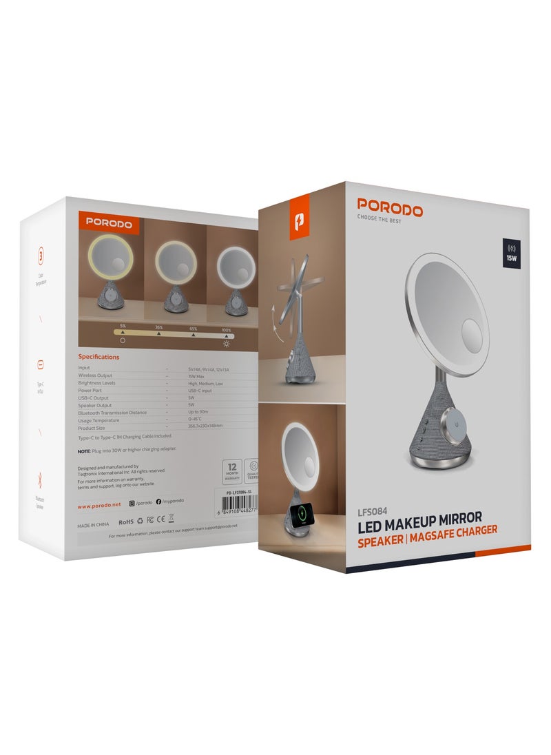 porodo - LED Makeup Mirror with Magsafe and Speaker / 30M Bluetooth Distance / 3 Color Temperatures / Magsafe Charger / Adjustable LED Light - Silver - Image 1