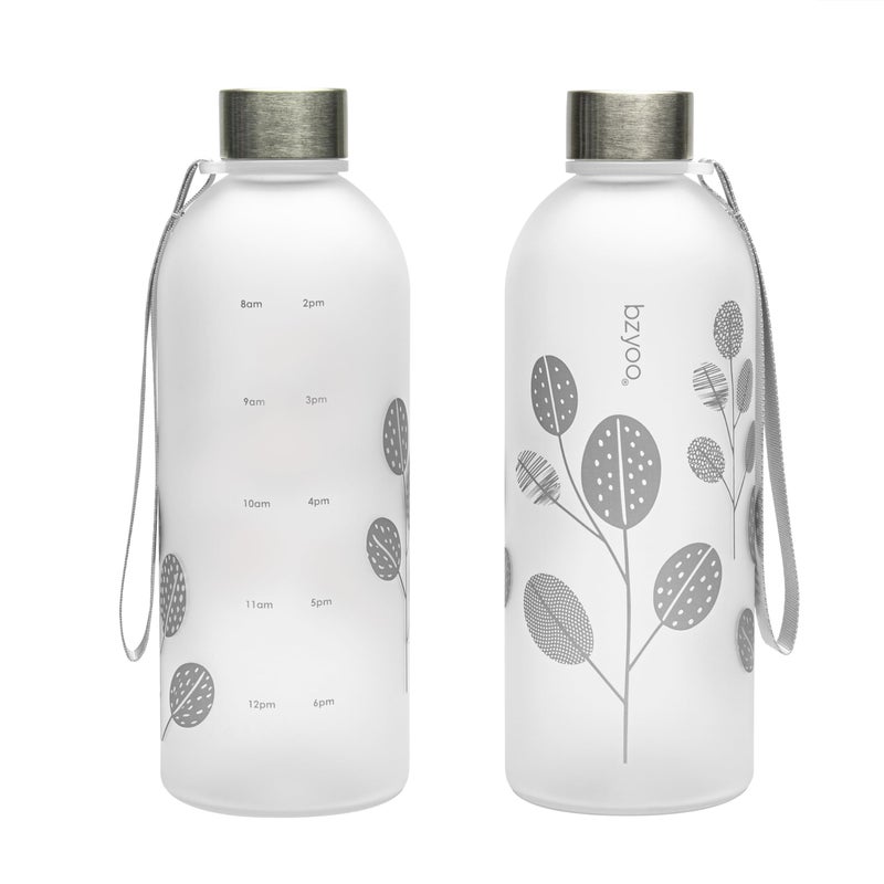 bzyoo 32oz 1 Liter Clear Water Bottle with Time Marker  Leaf Design  Durable Plastic  BPA-Free  Reusable with Measurement Markings for Fitness and Outdoor Activities (Color: Silver) - Image 1