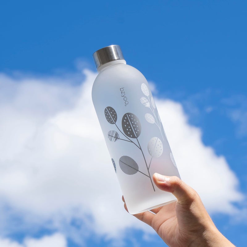 bzyoo 32oz 1 Liter Clear Water Bottle with Time Marker  Leaf Design  Durable Plastic  BPA-Free  Reusable with Measurement Markings for Fitness and Outdoor Activities (Color: Silver) - Image 2