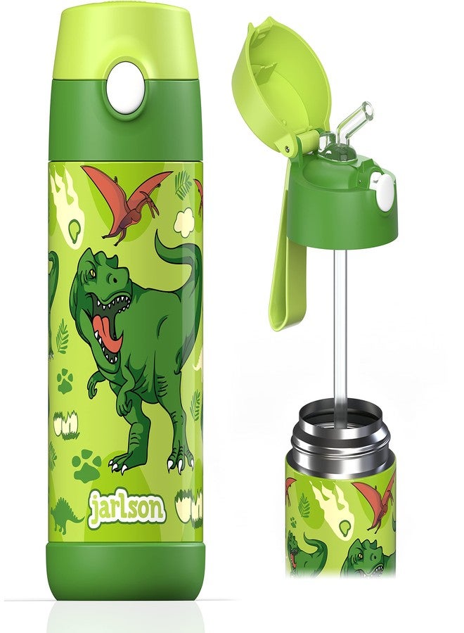 Jarlson - Children's Stainless Steel Water Bottle - 350 ml - BPA-Free - with Straw - for School, Sports and Kindergarten (Dinosaurus, 350 ml) - Image 1