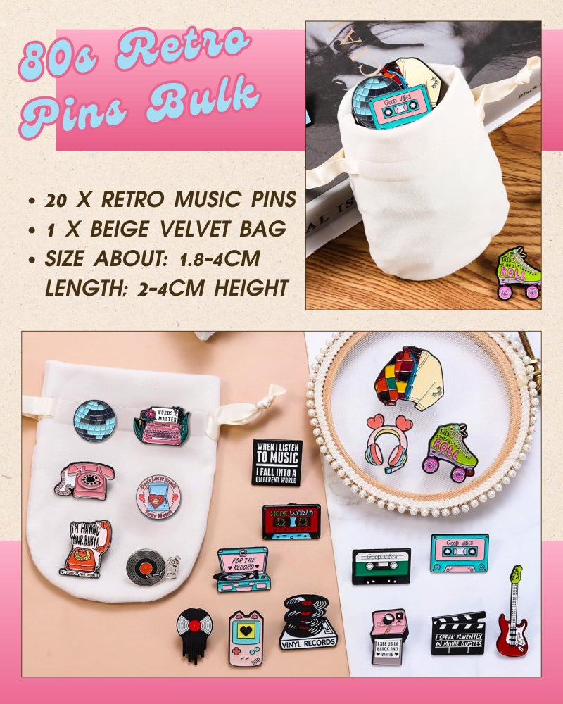 RANERVZ 20pcs Creative Retro Pins Bulk with Storage Bag 80s Vintage Decorative Brooch Accessories Disco Music Enamel Pins for Backpack Hat Jackets Christmas Birthday Gifts for Women Back to 80s Disco Music Party Favors - Image 4