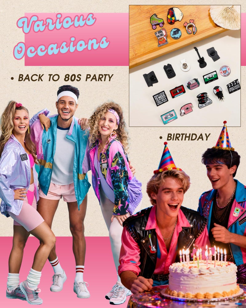 RANERVZ 20pcs Creative Retro Pins Bulk with Storage Bag 80s Vintage Decorative Brooch Accessories Disco Music Enamel Pins for Backpack Hat Jackets Christmas Birthday Gifts for Women Back to 80s Disco Music Party Favors - Image 3