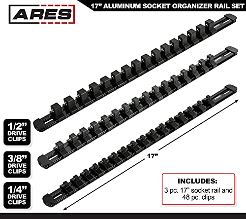 ARES 601233Piece Black 17Inch Aluminum Socket Rail Set with Locking End Caps Includes 14Inch 38Inch and 12Inch Drive Rails Each Aluminum Rail Stores up to 16 Sockets - Image 3