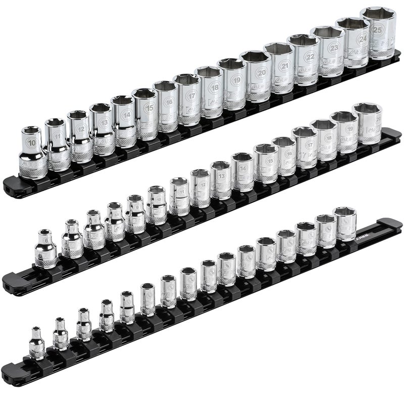 ARES 601233Piece Black 17Inch Aluminum Socket Rail Set with Locking End Caps Includes 14Inch 38Inch and 12Inch Drive Rails Each Aluminum Rail Stores up to 16 Sockets - Image 2