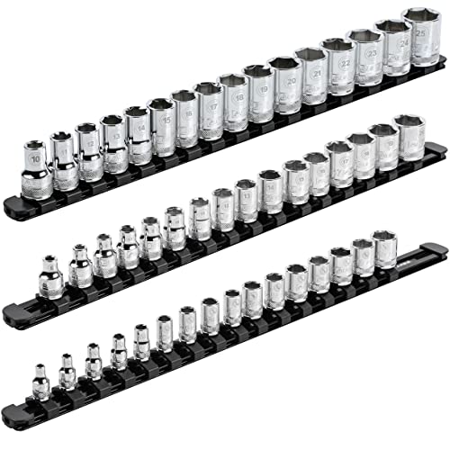 ARES 601233Piece Black 17Inch Aluminum Socket Rail Set with Locking End Caps Includes 14Inch 38Inch and 12Inch Drive Rails Each Aluminum Rail Stores up to 16 Sockets - Image 1