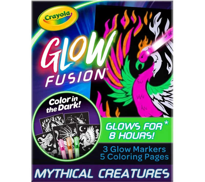 كرايولا Crayola Glow Fusion, Glow in The Dark Coloring Set with Markers, Mythical Creature Coloring Pages, Gift for Kids