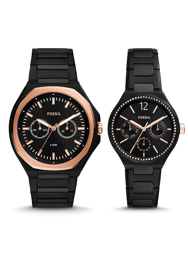 FOSSIL Unisex His And Her Stainless Steel Chronograph Wrist Watch BQ2645SET - 45MM - Black - Image 1