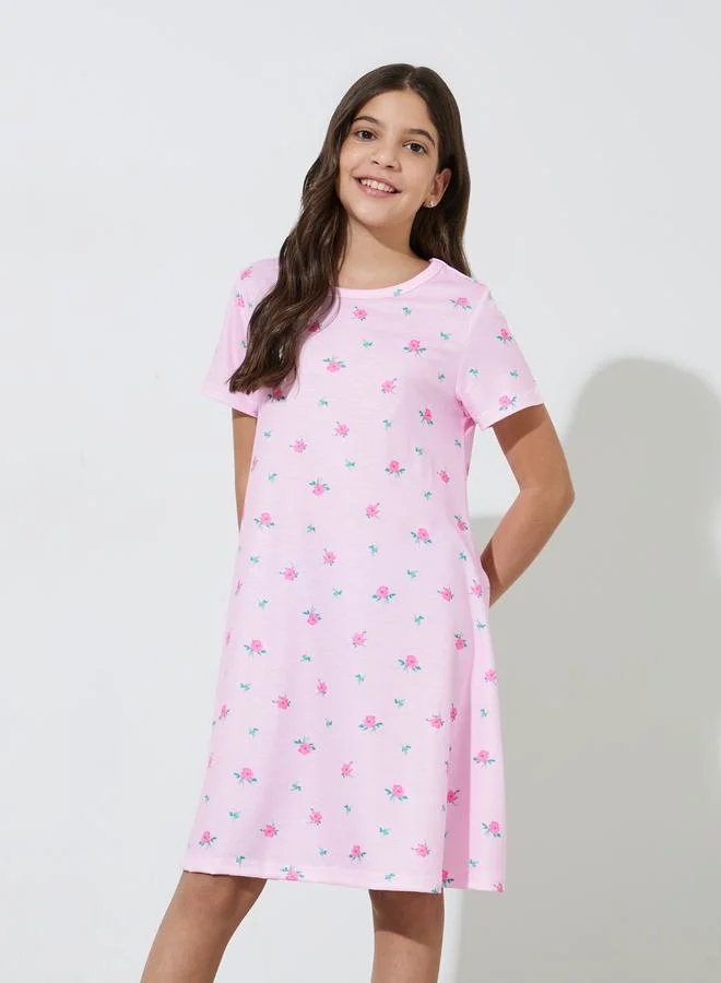 Styli Teen Girls Pink All Over Print Short Sleeves Sleep Dress