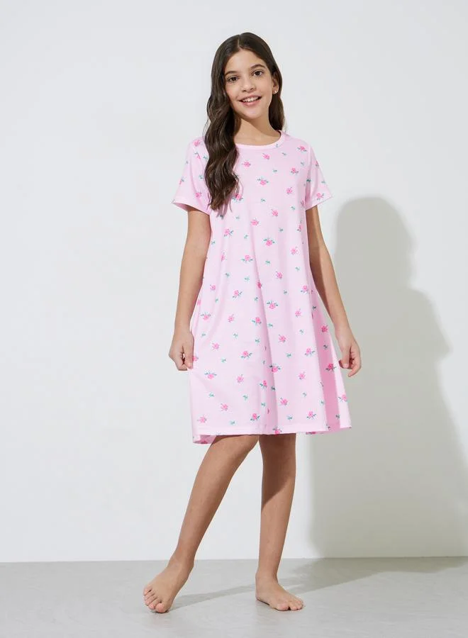 Styli Teen Girls Pink All Over Print Short Sleeves Sleep Dress