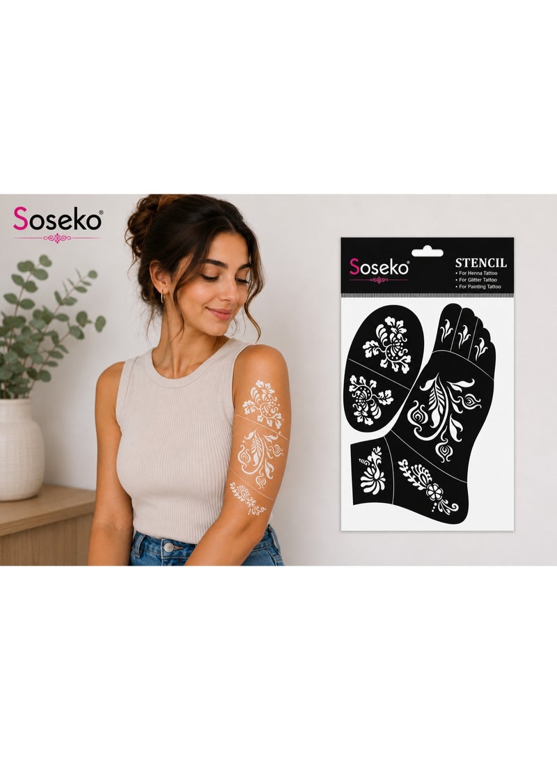 Soseko 2 Pieces Reusable Henna Tattoo Stencils for Hands and Feet, DIY Mehndi Body Art Template