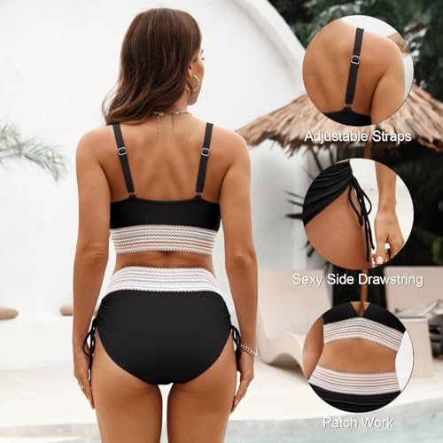 Adisputent Womens High Waisted Bikini Sets Color Block Swimsuit V Neck Tummy Control Swimwear Drawstring 2 Piece Bathing Suit Black L - Image 3