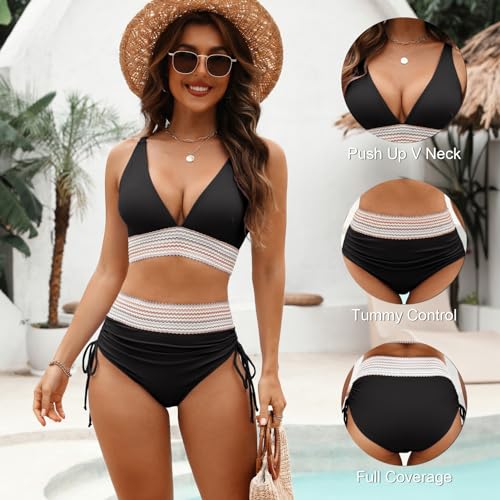 Adisputent Womens High Waisted Bikini Sets Color Block Swimsuit V Neck Tummy Control Swimwear Drawstring 2 Piece Bathing Suit Black L - Image 2