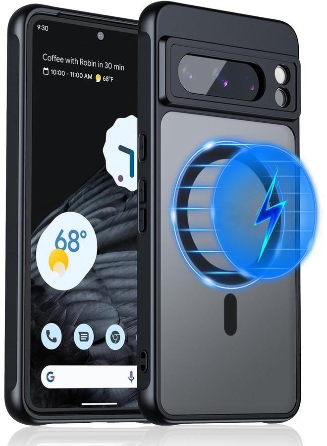 إيروريكس جراب مغناطيسي لهاتف Google Pixel 8 Pro متوافق مع جراب Magsafe المقاوم للصدمات مع ظهر صلب شفاف غير لامع رفيع وغطاء أسود ناعم مقاوم للصدمات أسود - Image 1