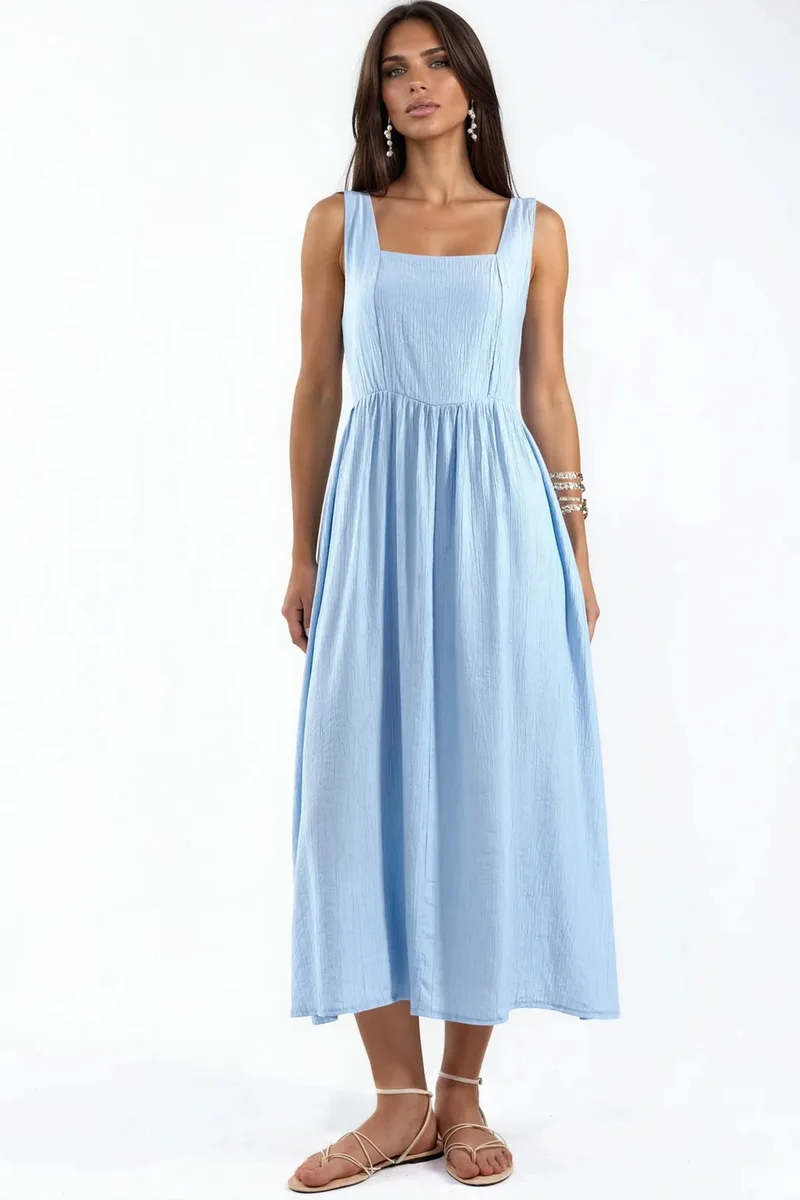 BUSEM Solid Midi Dress with Square Collar