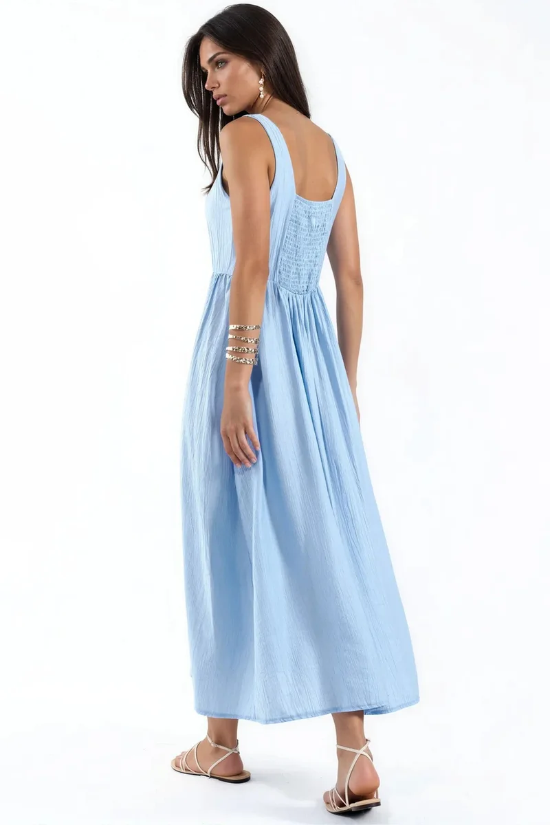 Busem Baby Blue BUSEM Solid Midi Dress with Square Collar for Women | Best Price UAE