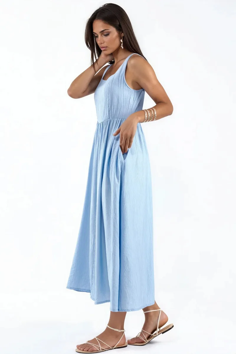 Busem Baby Blue BUSEM Solid Midi Dress with Square Collar for Women | Best Price UAE