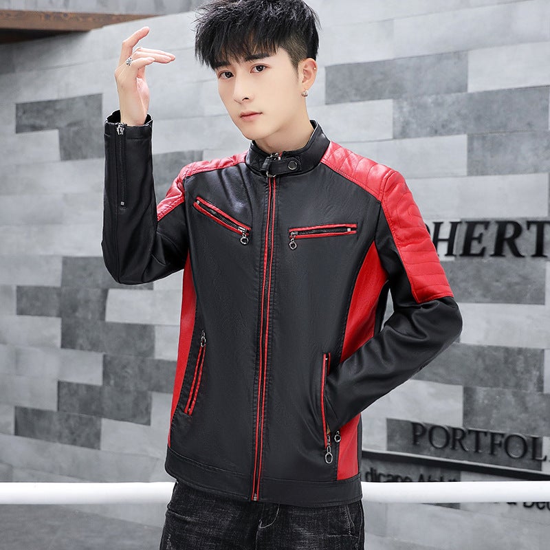 American Style Retro Stitching Contrast Color Biker Clothing New Arrival Leather Clothing Men's Korean Style Bf Loose Handsome fleece-lined Jacket Coat Trendy