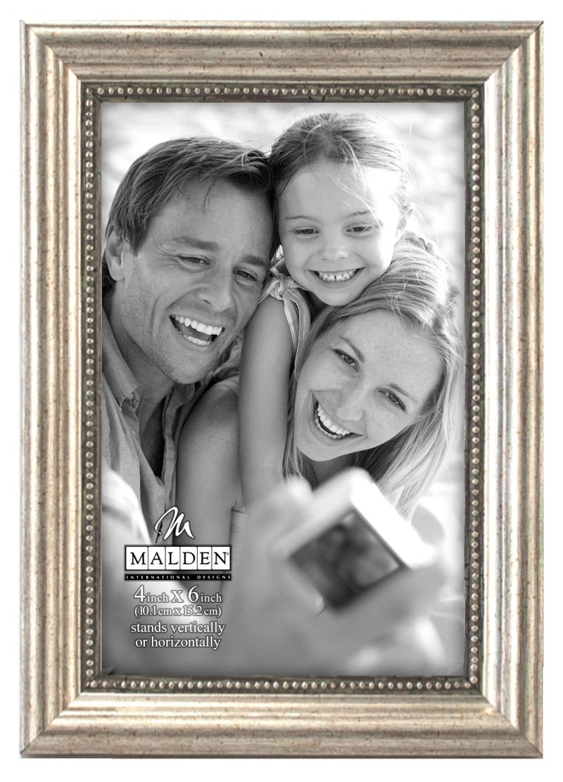 Malden International Designs Classic Wood Picture Frame, 4 by 6-Inch, Silver Bead