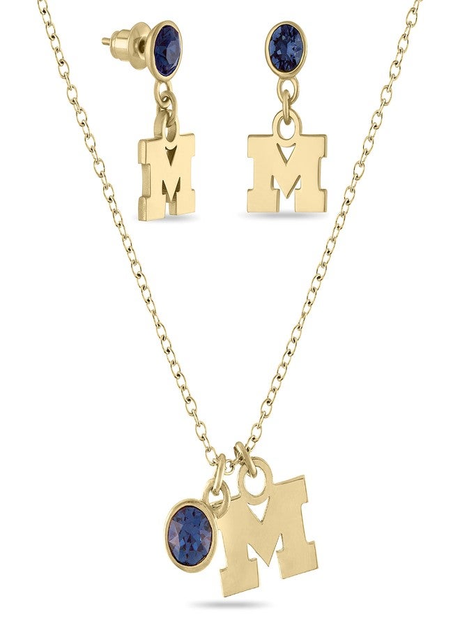 Stone Armory University of Michigan Jewelry Gift Set - Gold Plated Block M Earrings and Crystal Charm Necklace Set - 18K Gold Plated Jewelry for Women - Michigan Memorabilia and Wolverine Gifts for Women - Image 1
