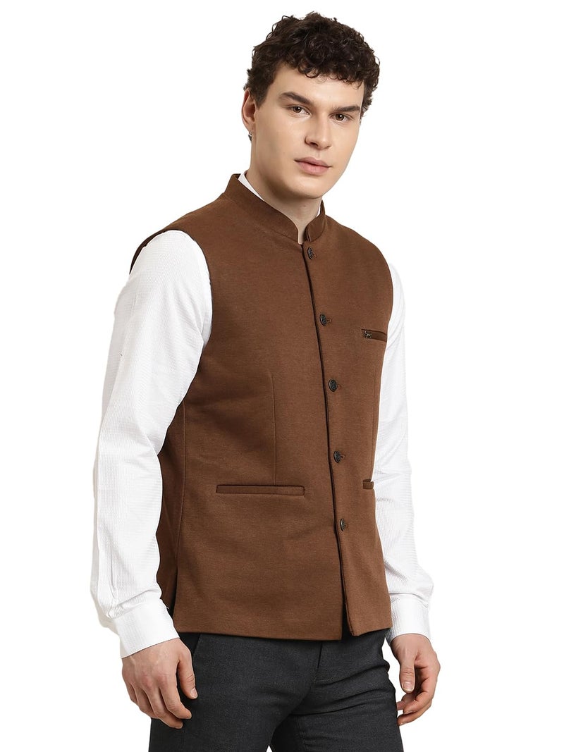 Turtle Men Brown Knitted Solid Party Nehru Jacket - Image 4