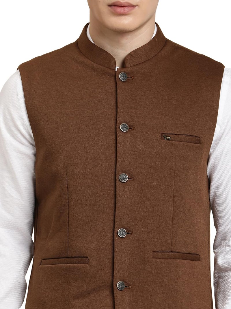 Turtle Men Brown Knitted Solid Party Nehru Jacket - Image 5