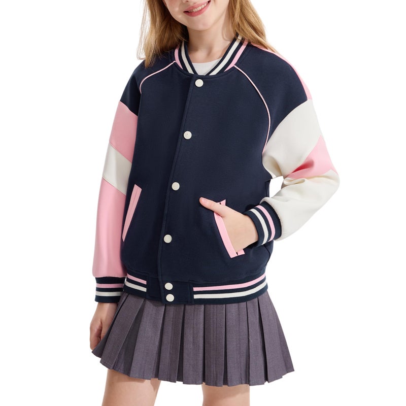 Rolanko Girls Varsity Jacket Baseball Letterman Bomber Jacket Kids Color Block Outwear Tops With Pockets NavyPink 1213 Years