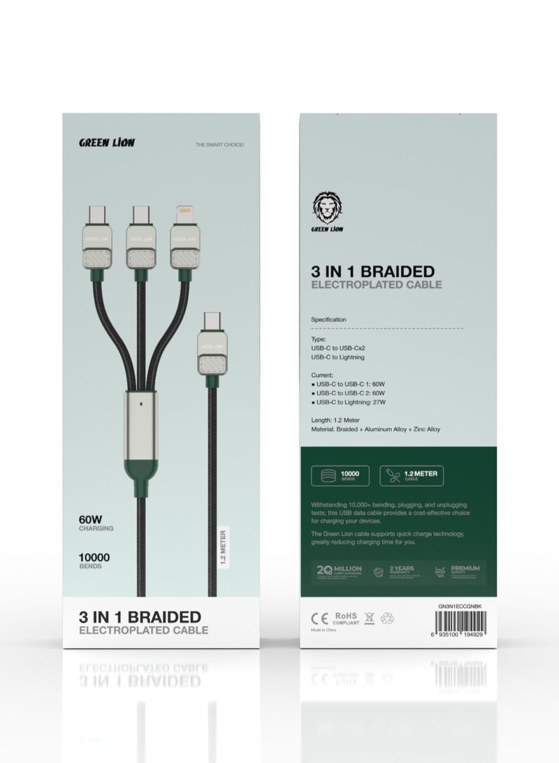 GREEN LION 3-in-1 Cable Braided USB C to USB C and Lightning Cable 1.2m / 2 Type-C 60W/ USB-C to Lightning 27W / Secure & Safe / Charge & Sync / Quick Charge - Black/Dark Green - Image 2