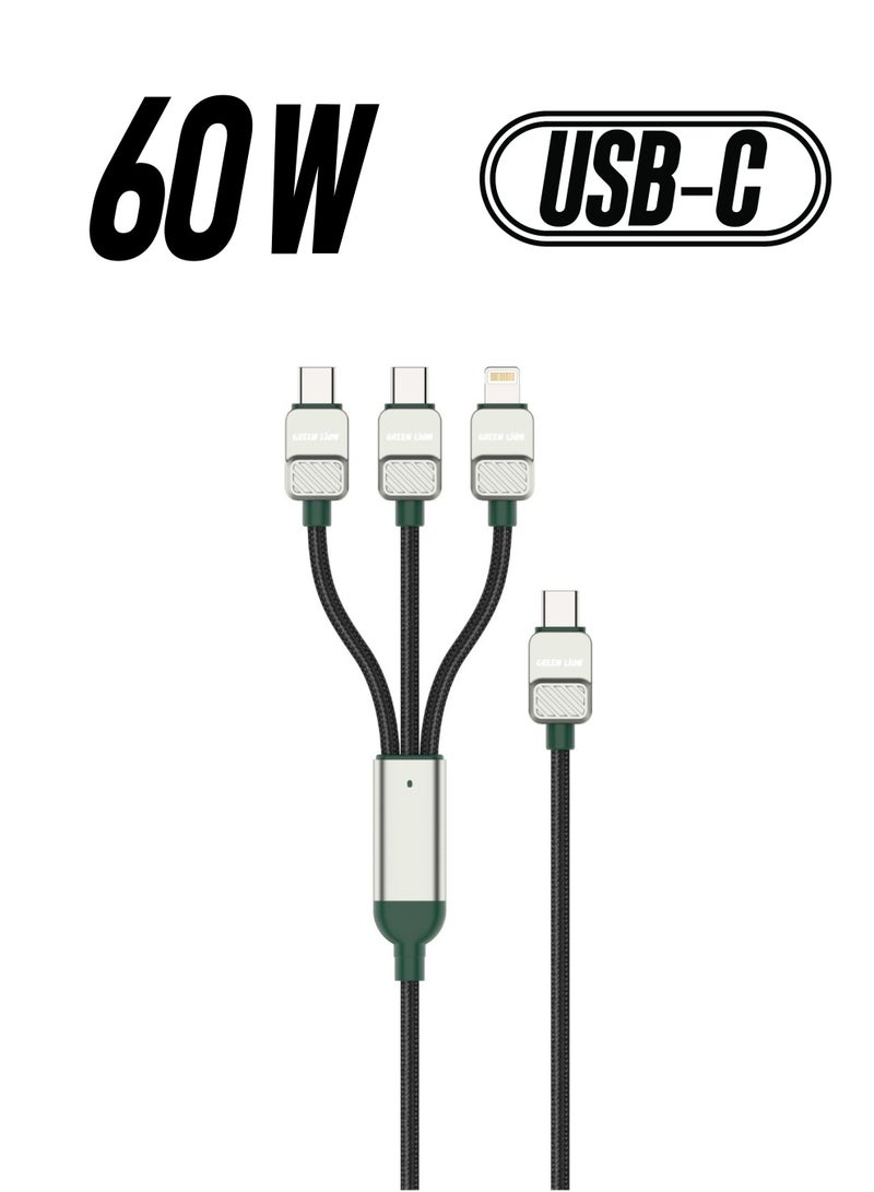 GREEN LION 3-in-1 Cable Braided USB C to USB C and Lightning Cable 1.2m / 2 Type-C 60W/ USB-C to Lightning 27W / Secure & Safe / Charge & Sync / Quick Charge - Black/Dark Green - Image 1